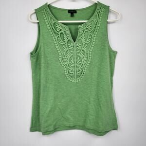 Talbots Petite Small Green Embroidered Cotton Tank Crochet Trim Sleeveless Top